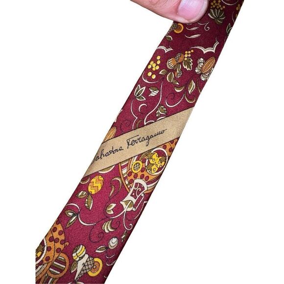 Salvatore Ferragamo Red Fall Harvest Print Handmade Neck Tie - Picture 4 of 6